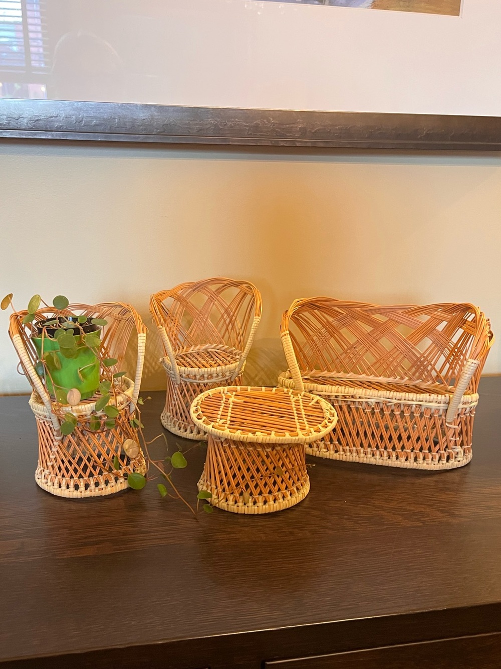 Vintage Boho Wicker Doll Furniture Set –Rattan Dollhouse Miniature Plant Stands